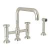Deck Mount U-Spout 3 Leg Bridge Kitchen Faucet With Sidespray With Industrial Metal Wheel Handle In Polished Nickel