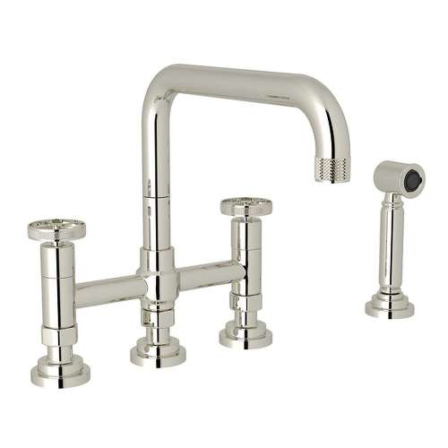 Deck Mount U-Spout 3 Leg Bridge Kitchen Faucet With Sidespray With Industrial Metal Wheel Handle In Polished Nickel