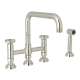 Deck Mount U-Spout 3 Leg Bridge Kitchen Faucet With Sidespray With Industrial Metal Wheel Handle In Polished Nickel