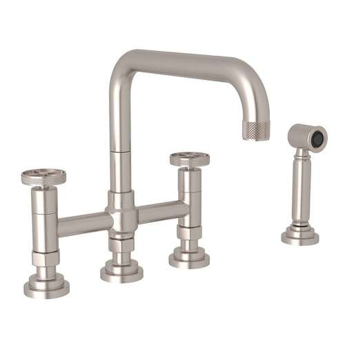 Deck Mount U-Spout 3 Leg Bridge Kitchen Faucet With Sidespray With Industrial Metal Wheel Handle In Satin Nickel