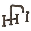 Deck Mount U-Spout 3 Leg Bridge Kitchen Faucet With Sidespray With Industrial Metal Wheel Handle In Tuscan Brass