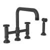 Deck Mount U-Spout 3 Leg Bridge Kitchen Faucet With Sidespray With Industrial Metal Wheel Handle In Matte Black