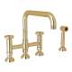 Deck Mount U-Spout 3 Leg Bridge Kitchen Faucet With Sidespray With Industrial Metal Wheel Handle In Unlacquered Brass