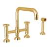 Deck Mount U-Spout 3 Leg Bridge Kitchen Faucet With Sidespray With Industrial Metal Wheel Handle In Italian Brass