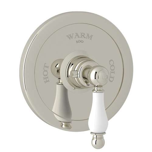 Thermostatic Trim Plate with Ornate White Porcelain Lever and without Volume Control in Polished Nickel