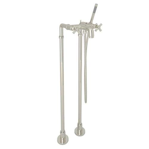 Exposed Floor Mount Tub Filler with Cross Handle Handshower and Floor Pillar Legs or Supply Unions in Polished Nickel
