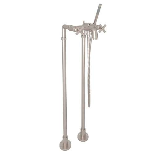Exposed Floor Mount Tub Filler with Cross Handle Handshower and Floor Pillar Legs or Supply Unions in Satin Nickel