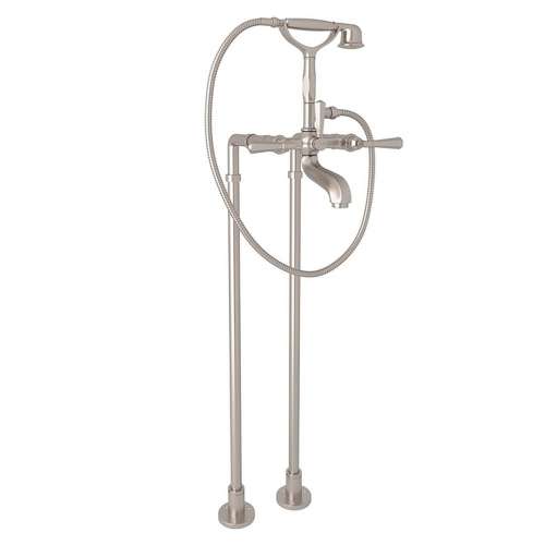 Palladian AKIT1901NLMSTN Exposed Floor Mount Tub Filler with Metal Lever Handshower and Floor Pillar Legs or Supply Unions in Satin Nickel