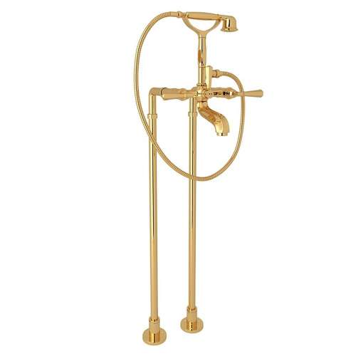 Palladian AKIT1901NLMIB Exposed Floor Mount Tub Filler with Metal Lever Handshower and Floor Pillar Legs or Supply Unions in Italian Brass