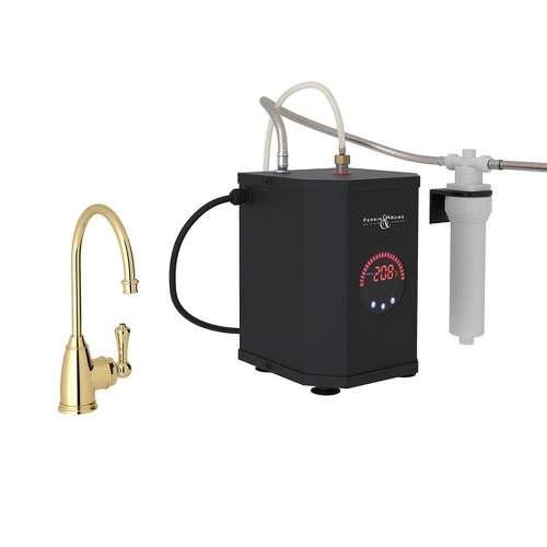 Georgia Era C-Spout Hot Water Faucet, Tank And Filter Kit In Unlacquered Brass