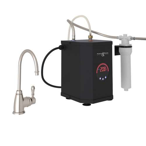 Traditional C-Spout Hot Water Faucet, Tank And Filter Kit With Metal Lever Handle In Satin Nickel