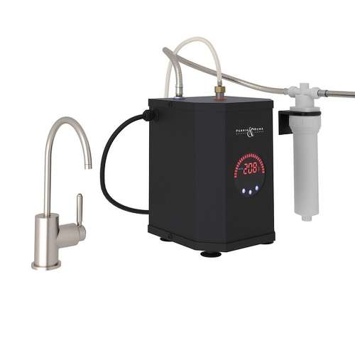 Contemporary C-Spout Hot Water Dispenser Faucet Kit With Tank And Filter In Satin Nickel