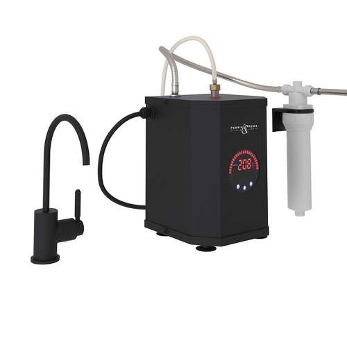 Contemporary C-Spout Hot Water Dispenser Faucet Kit With Tank And Filter In Matte Black