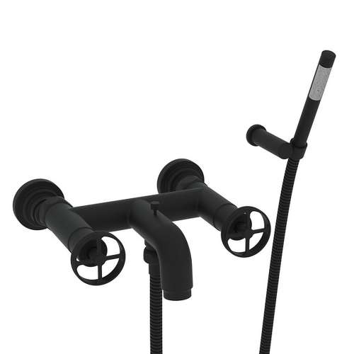Wall Mount Exposed Tub Filler with Metal Campo Wheel Handles and Handshower in Matte Black