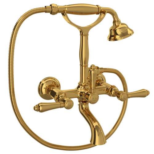 A1401LMULB Exposed Wall Mount Tub Filler with Handshower and Metal Lever Handle, Unlacquered Brass