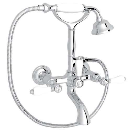 A1401LPAPC Exposed Wall Mount Tub Filler with Handshower and White Porcelain Lever Handle, Polished Chrome