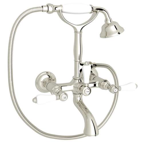 A1401LPPN Exposed Wall Mount Tub Filler with Handshower and White Porcelain Lever Handle, Polished Nickel