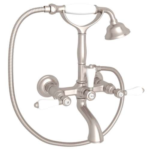 A1401LPSTN Exposed Wall Mount Tub Filler with Handshower and White Porcelain Lever Handle, Satin Nickel