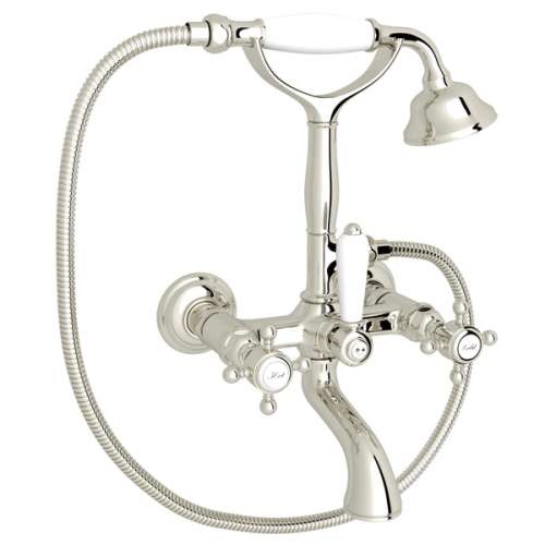 A1401XMPN Exposed Wall Mount Tub Filler with Handshower and Cross Handle, Polished Nickel