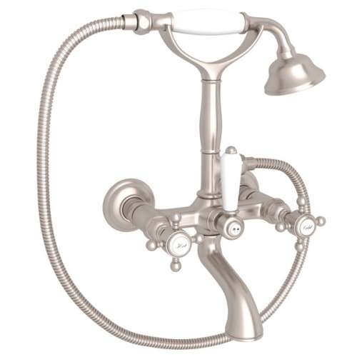 A1401XMSTN Exposed Wall Mount Tub Filler with Handshower and Cross Handle, Satin Nickel