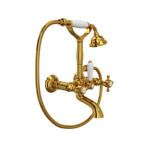 A1401XMULB Exposed Wall Mount Tub Filler with Handshower and Cross Handle, Unlacquered Brass