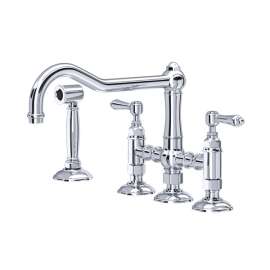 A1458LMWSAPC-2 Acqui Deck Mount Column Spout 3 Leg Bridge Kitchen Faucet with Sidespray and Metal Lever Handle