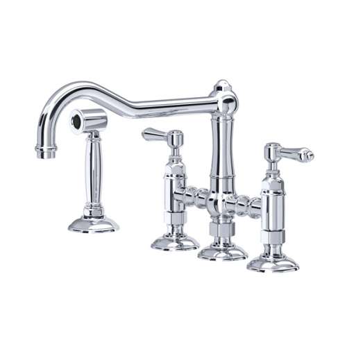 A1458LMWSAPC-2 Acqui Deck Mount Column Spout 3 Leg Bridge Kitchen Faucet with Sidespray and Metal Lever Handle