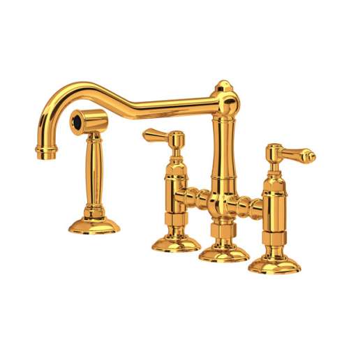 A1458LMWSIB-2 Acqui Deck Mount Column Spout 3 Leg Bridge Kitchen Faucet with Sidespray and Metal Lever Handle, Italian Brass