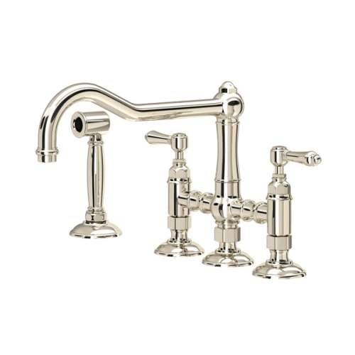 A1458LMWSPN-2 Acqui Deck Mount Column Spout 3 Leg Bridge Kitchen Faucet with Sidespray and Metal Lever Handle, Polished Nickel