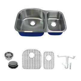 K-SMMUDD32219 Meridiana 32-in x 21-in x 9-in 16 Gauge Offset 75/25 Double Bowls Undermount Stainless Steel Kitchen Sink Kit With Smaller Bowl On Right Side, Sink Grids, Sink And Disposer Strainers, And Sink Drain Installation Kit