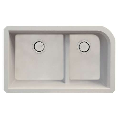 K-SMRUDJ3118-16 Renton 32-in x 19-in x 10-in J-Shape 1-3/4 Double Bowls Undermount silQgranite Kitchen Sink With Low Divide, Bottom Sink Grids, Flip-Top Sink And Disposer Strainers, And Sink Drain Installation Kit, Cafe Latte