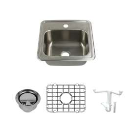 K-SMSTSB15156-1 Stella 15-in x 15-in x 6-in 20 Gauge Single Bowl Drop-In Stainless Steel Kitchen/Bar Sink Kit With 1 Faucet Hole, Bottom Sink Grid, Flip-Top Sink Strainer, And Sink Drain Installation Kit