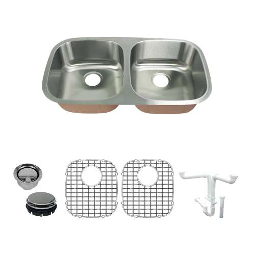 K-SMCUDE32185 Classica 32-in x 18-in x 5-in 18 Gauge Equal Double Bowls Undermount Stainless Steel ADA Kitchen Sink Kit With Bottom Sink Grids, Flip-Top Sink Strainer, Flip-Top Disposer Strainer, And Sink Drain Installation Kit