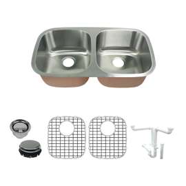 K-SMCUDE32188 Classica 32-in x 18-in x 8-in 18 Gauge Equal Double Bowls Undermount Stainless Steel Kitchen Sink Kit With Bottom Sink Grids, Flip-Top Sink Strainer, Flip-Top Disposer Strainer, And Sink Drain Installation Kit