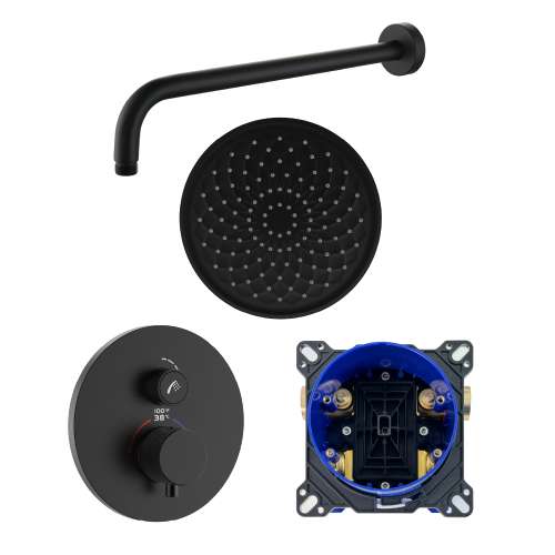 SMARTK1210-1-MB ArgoTherm Single Function Round Thermostatic Push Button Shower Set With 12-in Shower Arm, Matte Black