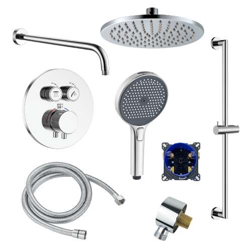 SMATRHK1612-2-PC ArgoTherm Two Function Round Thermostatic Push Button With Four Function Hand Shower On Bar Set, Polished Chrome