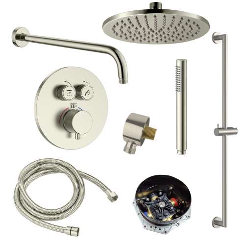 SMATRK1612HB-2-BN ArgoTherm Two Function Round Thermostatic Push Button With Hand Shower On Bar Set, Brushed Nickel