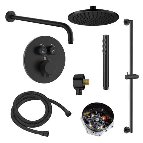 SMATRK1612HB-2-MB ArgoTherm Two Function Round Thermostatic Push Button With Hand Shower On Bar Set, Matte Black
