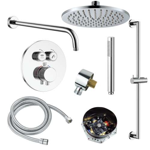 SMATRK1612HB-2-PC ArgoTherm Two Function Round Thermostatic Push Button With Hand Shower On Bar Set, Polished Chrome