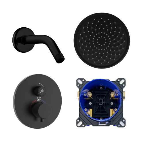 SMATRK910-1-MB ArgoTherm Single Function Round Thermostatic Push Button Shower Set With 9-in Shower Arm, Matte Black