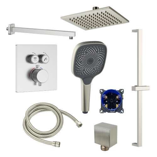 SMATSHK1612-2-M ArgoTherm Two Function Square Thermostatic Push Button With Three Function Hand Shower On Bar Set
