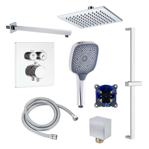 SMATSHK1612-2-PC ArgoTherm Two Function Square Thermostatic Push Button With Three Function Hand Shower On Bar Set, Polished Chrome