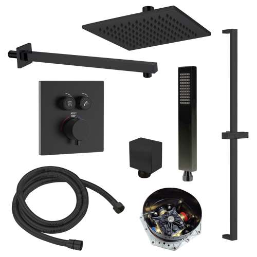 SMATSK1612HB-2-MB ArgoTherm Two Function Square Thermostatic Push Button With Hand Shower On Bar Set, Matte Black