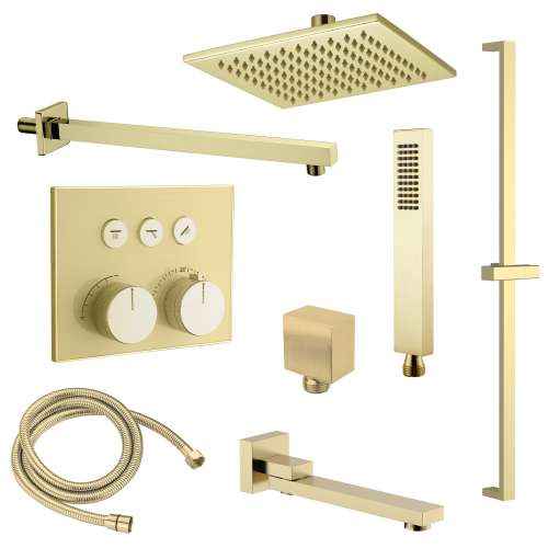 SMATSK1612TH-3-CB ArgoTherm Three Function Square Thermostatic Push Button With Hand Shower On Bar Shower And Tub Set, Champagne Bronze