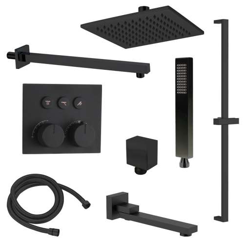 SMATSK1612TH-3-MB ArgoTherm Three Function Square Thermostatic Push Button With Hand Shower On Bar Shower And Tub Set, Matte Black