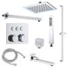 SMATSK1612TH-3-PC ArgoTherm Three Function Square Thermostatic Push Button With Hand Shower On Bar Shower And Tub Set, Polished Chrome