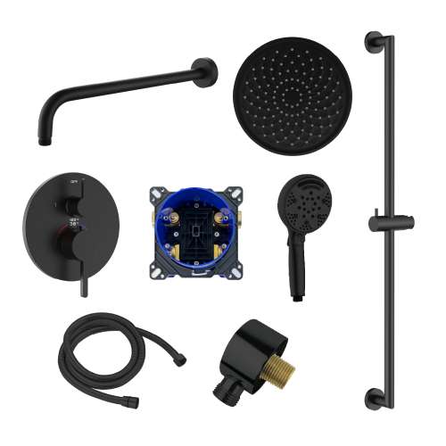 SMFTRHK1610-2-MB FlowStat Two Function Round ADA Thermostatic With Nine Function Hand Shower on Bar Set, Matte Black