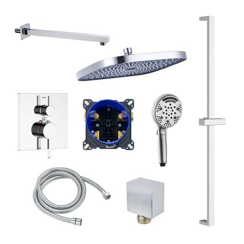 SMFTSHK1610-2-PC FlowStat Two Function Square ADA Thermostatic With Nine Function Hand Shower on Bar Set, Polished Chrome