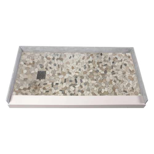 SMFPT6032L-PC 60-in x 32-in Genuine Marble Pre-Tiled And Pre-Grouted Shower Base With Left Hand Drain, Pebble Creme