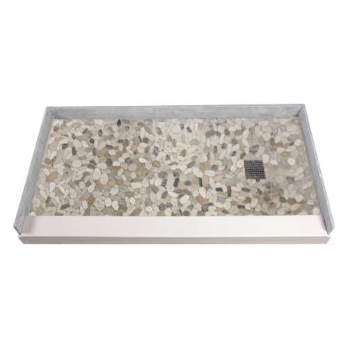 SMFPT6036R-PC 60-in x 36-in Genuine Marble Pre-Tiled And Pre-Grouted Shower Base With Right Hand Drain, Pebble Creme